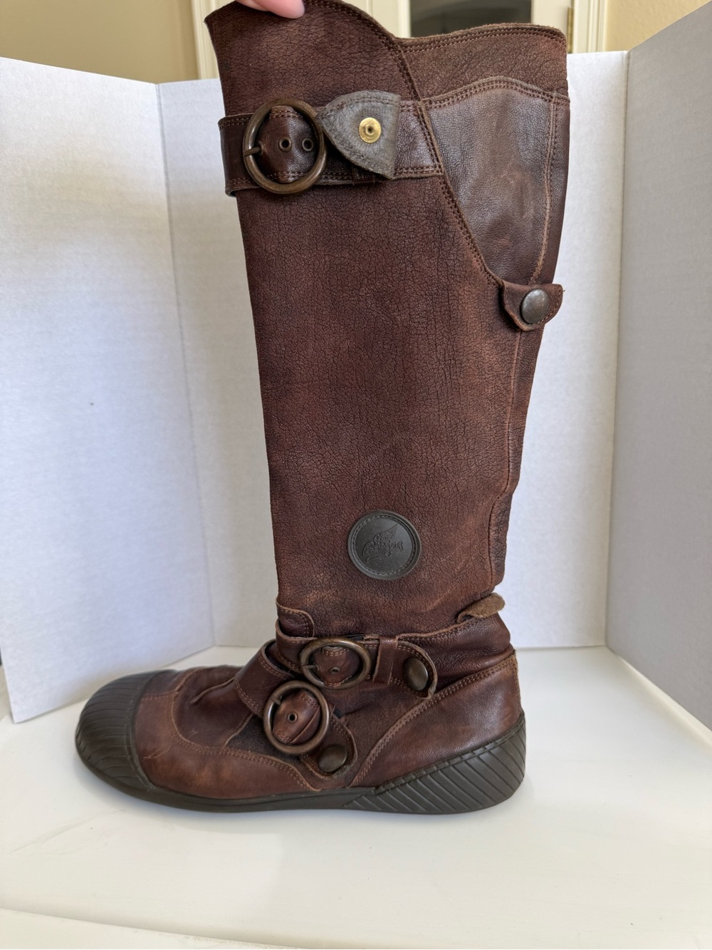 Leather Pataugas Brand Brown and Black Leather Knee-High Zip Up Flat Boots - Picture 2 of 10